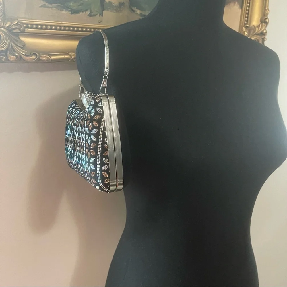 New handmade bedazzled metal clutch bag for women black silver gold rhinestones